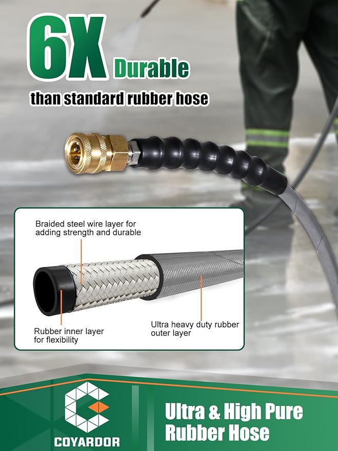 1/4" Pressure Washer Hose 125 FT 4500 PSI, Steel Braided Layer & NonMarking Rubber for Hot/Cold Water High Power Washer Replacement With Quick Connect & M22 Fitting, Industrial-grade