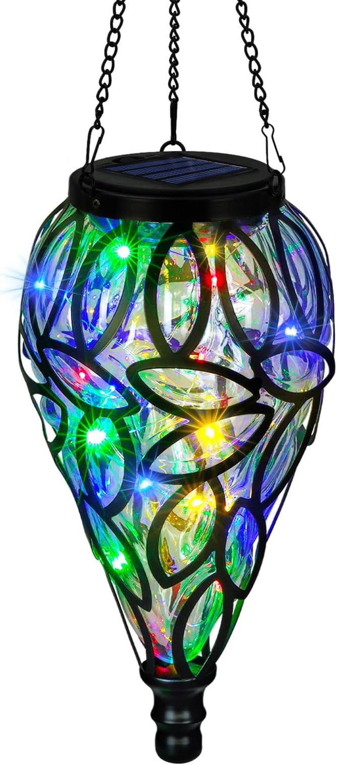 SUNNYPARK Outdoor Plastic Solar Hanging Lantern, 15 Multi Color LEDs Twinkle Effect Tear-Shaped Hanging Lantern Decor Garden Decorative Solar Lights for Backyard, Patio and Lawn