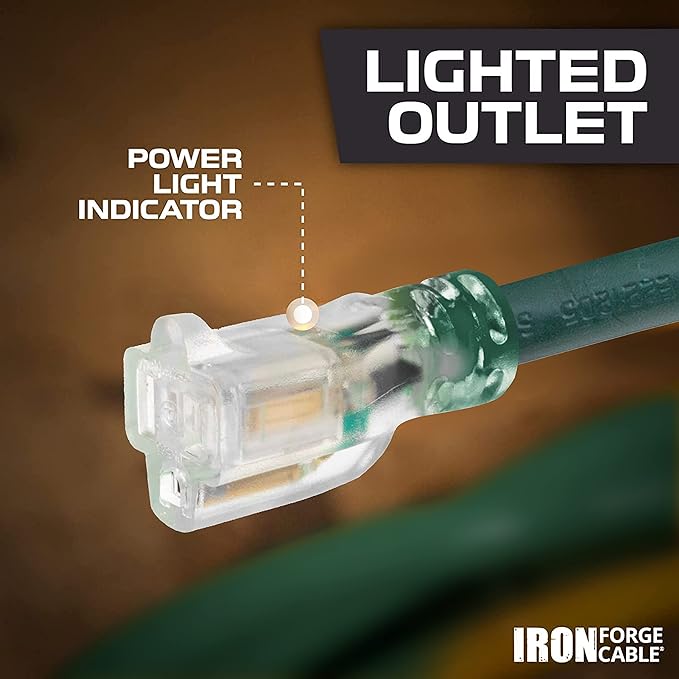 Iron Forge Cable Weatherproof 25 Ft Outdoor Extension Cord Green - 14/3 SJTW 15 Amp Heavy Duty Green Extension Cord Outdoor 3 Prong - Lighted End