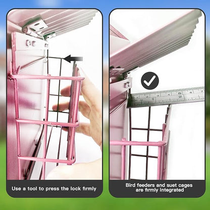 Bird Feeders for Outdoors, Metal Bird Feeder with Double Suet Cage Weatherproof Metal Roof, 2 in 1 Mixed Seeds Suet Feeder, 4Lbs Large Capacity, Great for Finch、Cardinal、Chickadee（Pink）