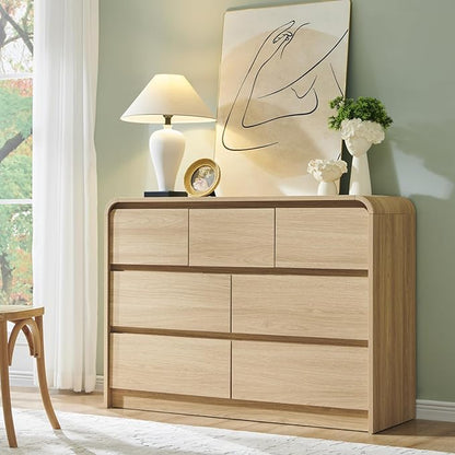 Modern 7 Drawers Dresser for Bedroom, 47" Wide Wood Dressers & Chests of Drawers w/Curved Profile Design, Mid Century Modern Dresser w/Natural Texture for Bedroom, Living Room, Natural Oak