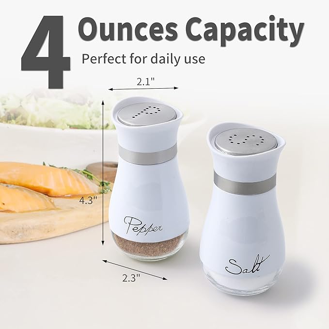 Lonffery Salt and Pepper Shakers Set - Salt Containers for Gifts, Kitchen Decor, Home, RV, Camp, BBQ, 4 oz Farmhouse Spice Dispenser with Glass Bottom, White, Set of 2