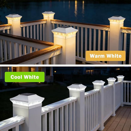 Brightever 3.5x3.5 4x4 Solar Post Cap Lights Outdoor, 8-Pack Solar Fence Post Lights for Wooden/Vinyl Posts, 2 Modes (Warm/Cool White), Solar Powered Waterproof Deck Post Lights for Patio Porch, White