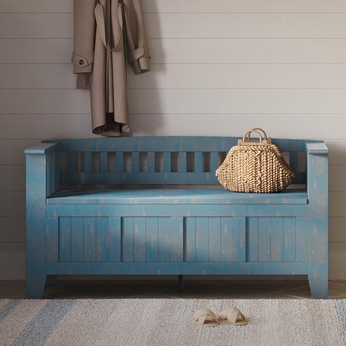 SIMPLIHOME Acadian Entryway Storage Bench - 48 inch Wide Solid Wood Hallway Seat in Distressed Coastal Blue, Transitional Bench for Entryway or Living Room with Lift-Up Lid and Spacious Storage
