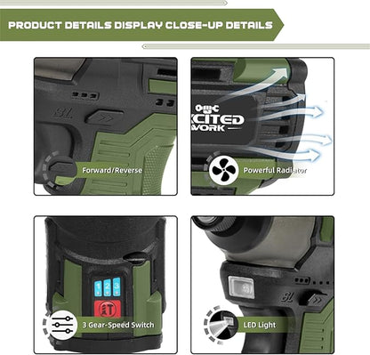 17V Brushless Screwdriver, 140Nm Cordless Impact Driver Set with 3 Adjustable Speed, 2 Batteries and Led Work Light