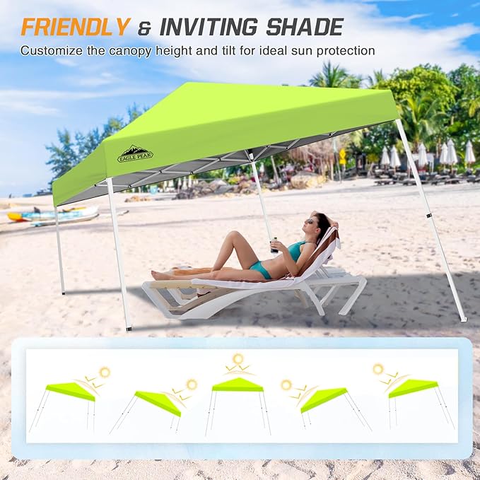 EAGLE PEAK 10x10 Slant Leg Pop-up Canopy Tent Easy One Person Setup Instant Outdoor Beach Canopy Folding Portable Sports Shelter 10x10 Base 8x8 Top (Fluorescent Green)