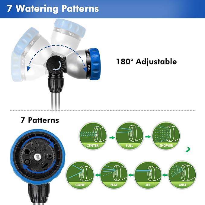 RESTMO Metal Watering Wand, Heavy Duty Garden Hose Wand with 180° Swivel Ratcheting Head, 16'' Hose Nozzle Sprayer with 7 Spray Patterns and Flow Control, for Water Hanging Baskets and Shrubs, Blue