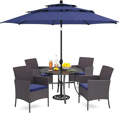 PHI VILLA 5 Piece Outdoor Dining Set with Umbrella for 4, Round Metal Steel Dining Table & Wicker Chairs with Cushions & Blue Umbrella, Modern Furniture for Patio, Deck, Yard, Porch