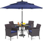 PHI VILLA 5 Piece Outdoor Dining Set with Umbrella for 4, Round Metal Steel Dining Table & Wicker Chairs with Cushions & Blue Umbrella, Modern Furniture for Patio, Deck, Yard, Porch