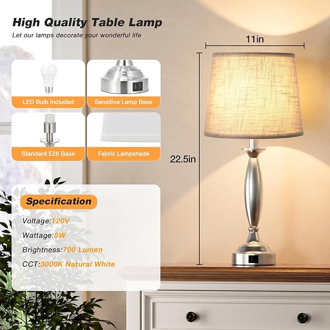 Lamps for Bedrooms Set of 2 - Touch Bedside Lamp with USB C+A, 3 Way Dimmable Nightstand Lamps with USB Port, Brushed Nickel Table Lamp for Living Room Guest Room Bed Side End Table(Mottled Gray)