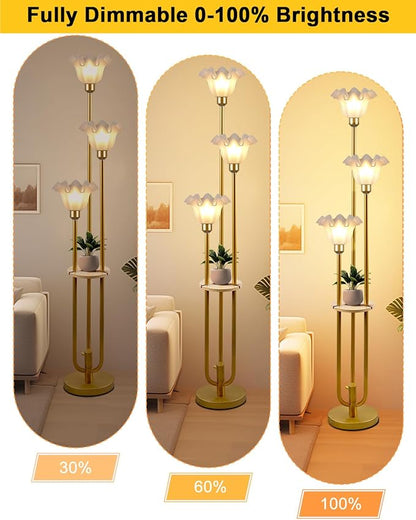 Lightdot Flower Floor Lamp for Living Room, Dimmable Vintage Floor Lamp with Shelf &Bulbs Included, 3 Light 3000K Gold Mid Century Standing Lamp, Floral Tall Lamp for Bedroom/Sofa Beside/Corner Decor