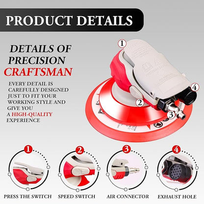 5/6 Inch Pneumatic Orbital Air Sander High-Speed DA Sander for auto body/Ideal for Woodworking, Auto Polishing, and Metal Sanding (6 inch)
