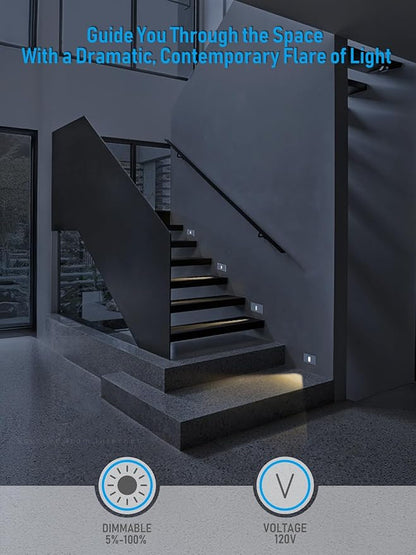 LEONLITE Indoor LED Step Light, 5CCT 120V Dimmable Pin Hole Stair Lights, Anti-Glare 30° Streamlined Lighting Effect for Staircase Bedroom, CRI90, ETL, White, Horizontal, Pack of 6