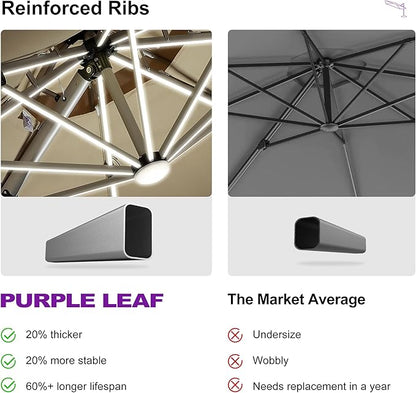 PURPLE LEAF 10ft Solar powered LED Patio Umbrella Outdoor Round Umbrellas Large Cantilever Umbrella with LED lights Windproof Offset Umbrellas Heavy Duty for Garden Deck Pool Patio, Beige