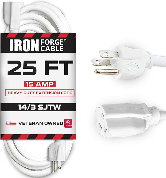 Iron Forge Cable Weatherproof 25 Ft Outdoor Extension Cord - 14/3 SJTW Heavy Duty White Extension Cord 3 Prong - 15 Amp Exterior Power Cable