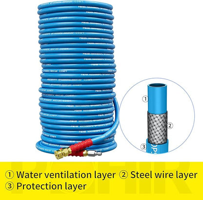 POHIR 150ft Pressure Washer Hose 3/8" 4800 PSI, Kink Resistant Industrial Grade Hose with Quick Connect Ends and Adapters for Hot & Cold Water up to 248°F, Steel Wire Braided Hose for Power Washing