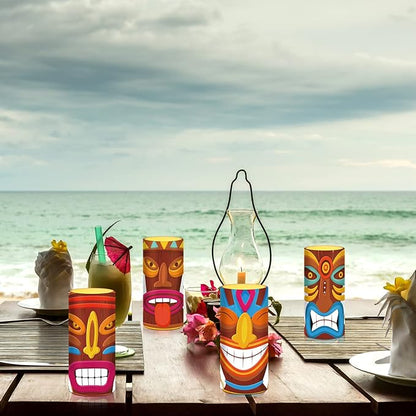Tiamon Tribal Tiki Flameless Candles Led Hawaiian Battery Operated Luau Flickering Candles with 18-Key Remote Timer Pillar for Summer Holiday Tiki Bar Party Table Decorations