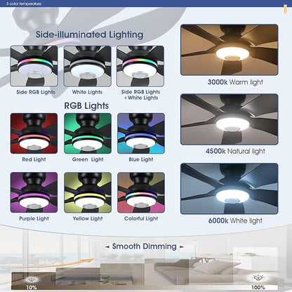 46" Ceiling Fans with RGB Lights Remote/APP Control, Low Profile, 3 CCT Dimmable White Lights+RGB Ring Lights+Music Player, 5 Reversible Plastic Blades 6 Speeds for Kidsroom, Black