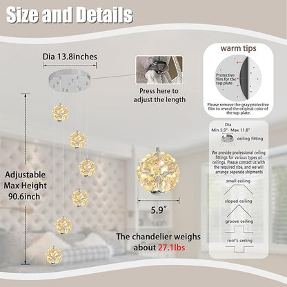 ykolupty LED Staircase Chandelier Modern Crystal Globe Pendant Light Crystal Chandeliers for High Ceilings, Hanging Lighting Fixture for Villas Foyer Hallway Entryway (6-Lights)