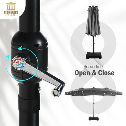 HERA'S PALACE 15ft Patio Umbrella with Base Included Double Sided Outdoor Umbrella for Patio Table Umbrella Outdoor 36 LED Solar Lights for Garden