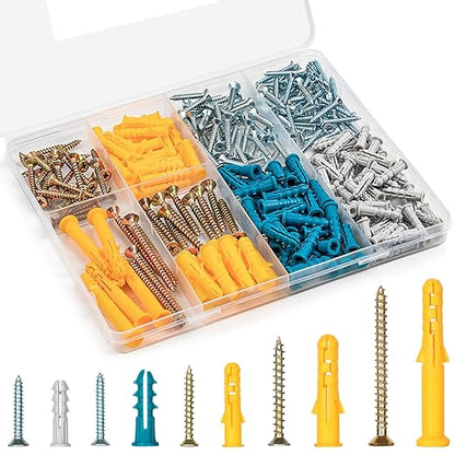 KURUI Drywall Anchors and Screws Assortment Kit 270PCS, 135 Plastic Dry Wall Expansion Anchors and 135 Philips Flat Head Wood Screws, 5 Sizes Wall Hanging Kit for Art Decor, Replaces Picture Nails