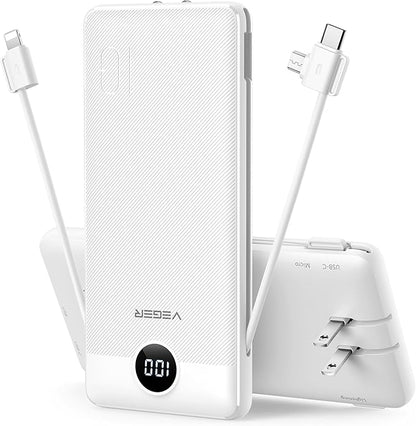VEGER Portable Charger for iPhone Built in Cables and Wall Plug, 10000mah Slim Fast Charging USB C Power Bank, Travel Essential Battery Pack Compatible with iPhones, iPad, Samsung More Devices(White)
