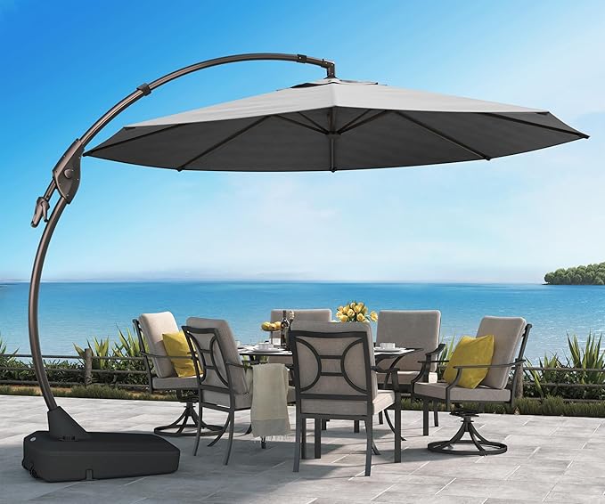 Grand patio 12 FT Sunbrella Cantilever Umbrella with Base Outdoor Aluminum Offset Umbrella with Tilt Adjustment (Charcoal, 12 FT-SUNBRELLA)