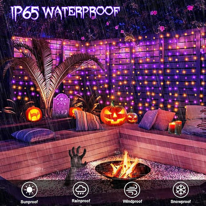 Halloween Battery Curtain Lights Purple Orange with Remote Timer 9.8×9.8ft