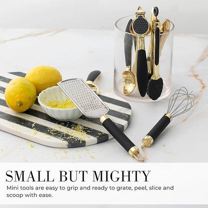 Black and Gold Kitchen Utensils - Luxe 8-Piece Gold Kitchen Tools Set with Can Opener, Pizza Cutter, Peeler, Mini Whisk, and Tongs - Stylish Accessories for Modern Cooking and Ideal for Gifting