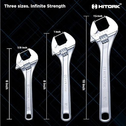 Hitork 3-Piece Adjustable Wrench Set 6-Inch, 8-Inch, 10-Inch, Chrome-Plated Cr-V Steel, Wide Opening Jaws, Laser Etched SAE & Metric Scale, Polished Head, Smooth Knurl, Roll Pouch Included