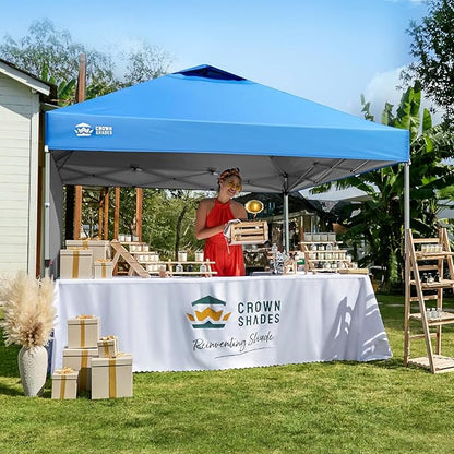 CROWN SHADES 12x12 Pop Up Canopy Tent Instant Commercial with 150D Silver Coated Fabric Including 1 Removable Sidewall, 4 Ropes, 8 Stakes, Weight Bags, STO 'N Go Bag, Blue
