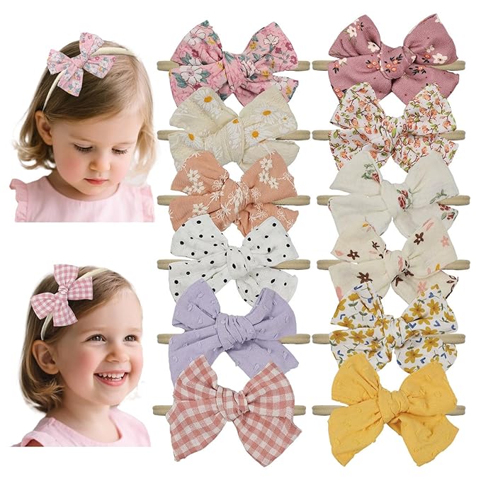Baby Girls Floral Hair Bow Headbands 12 PCS, Flower Bow Stretchy Elastic Hairband for Newborn Infant Toddlers (pink NB 12 pcs)