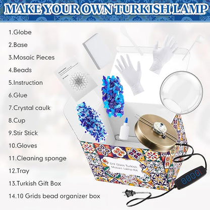 Baquler Turkish Mosaic Lamp Kit DIY Stained Glass Decorative Table Bedside Night Light Tabletop Bohemian Moroccan Lamp Craft Kit for Living Room Decorations (Blue)