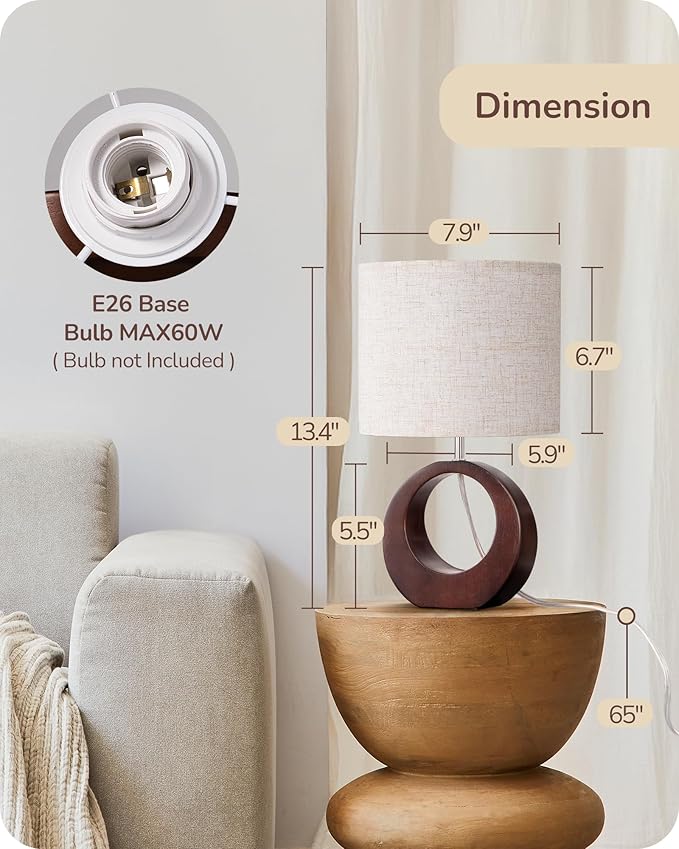 EDISHINE 13.4" Wood Table Lamp, Small Bedside Lamp with Beige Linen Lampshade & ON-Off Switch, E26 Base, Modern Nightstand Lamp for Living Room, Bedroom, Dark Walnut
