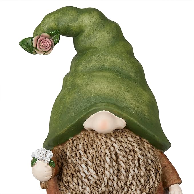Alpine Corporation QWR1442 Outdoor Gnome with Green Hat Holding a Flower for Garden, Patio, and Lawn, 10" H, Multicolor