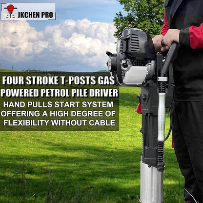 Gas Powered 4 Stroke T Post Driver Hammer Drills, 37.7CC Gasoline Engine Pile Driver, Gasoline Petrol Garden Fencing Tool Machine with 3 Post Driving Head, 49mm, 69mm, 100mm