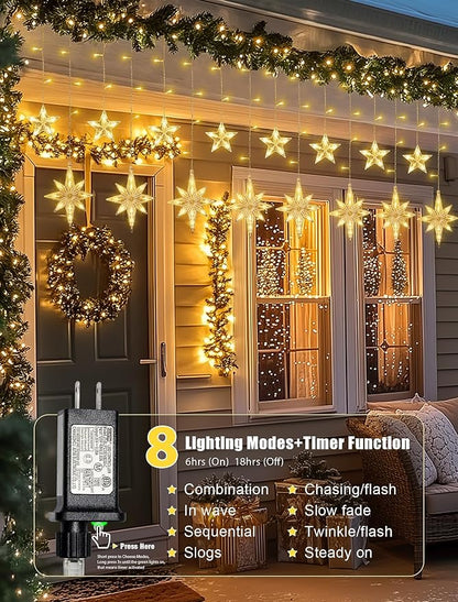 126 LED Star Icicle Lights,7.8ft Connectable Window Curtain Lights Plug in,8 Lighting Modes Timer Bethlehem Star Christmas Light for Indoor Outdoor,Bedroom,Wedding,Ramadan Decor,Warm White