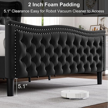 Queen Bed Frame with Tall Headboard & Footboard, Velvet Upholstered Platform Bed Frame with Deep Button Tufted Wingback, No Box Spring Needed, Noise Free, Black