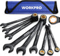 WORKPRO 9-Piece Anti-Slip Ratcheting Combination Wrench Set, Metric 8-19 mm, 72-Teeth, Cr-V Constructed, Black Ratchet Wrenches Set with Roll Up Pouch
