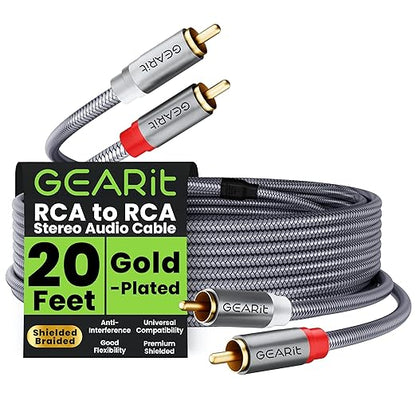 GEARit RCA Cable (20FT) 2RCA Male to 2RCA Male Stereo Audio Cables Shielded Braided RCA Stereo Cable for Home Theater, HDTV, Amplifiers, Hi-Fi Systems, Car Audio, Speakers, 20 Feet