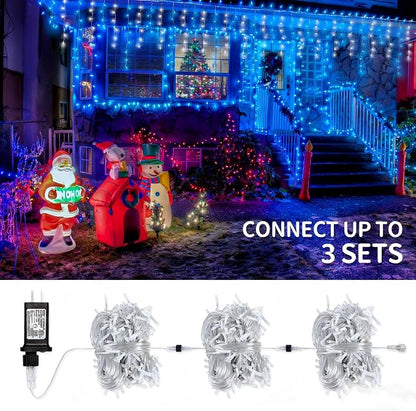 Icicle Lights Outdoor Decorations 300 LED 33ft 8 Modes Curtain Fairy String Light with 50 Drops, LED String Light Indoor for Wedding Party Holiday Christmas Decorations,Blue+White