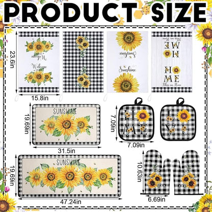 10 Pcs Sunflower Kitchen Decor 4 Black and White Buffalo Plaid Dish Towels 2 Buffalo Check Pot Holders 2 Rustic Sunflower Oven Mitts 2 Yellow Rugs for Cooking Baking Mom Housewarming Gift