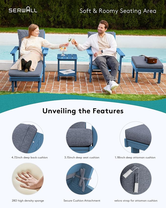 SERWALL Adirondack Chair with Cushion and Ottoman -All Weather HDPE Outdoor Adirondack Chair Set, Durable Adirondack Patio Chairs for Garden, Deck, or Poolside- Blue