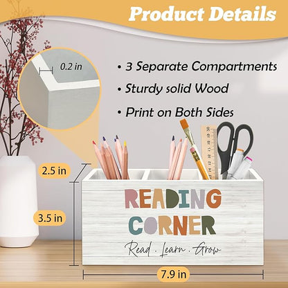Boho Reading Corner Pen Holder Organizer for Desk Accessories, Boho Classroom Reading Wooden Box Desk Decorations for School Kids Room Bedroom Decor, Book Lovers Reader Bookish Gifts