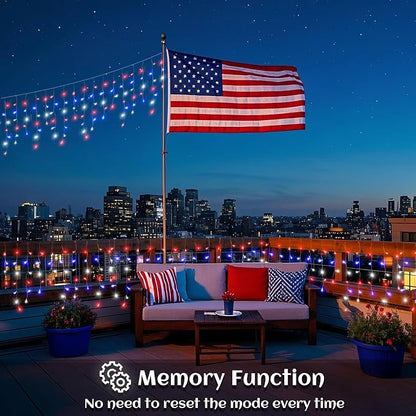Red White and Blue Icicle Lights for Outside, 4th of July Decorations Independence Day Patriotic Lights, 33ft 400 LED with 75 Drops Clear Wire Connectable for Memorial Day Party Holiday