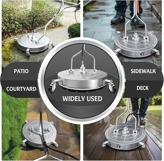 RAYNEL 24'' Pressure Washer Surface Cleaner with 4 Wheels, Dual Handle, Stainless Steel Housing, 2 Hose Adapters, 4 Replacement Nozzles