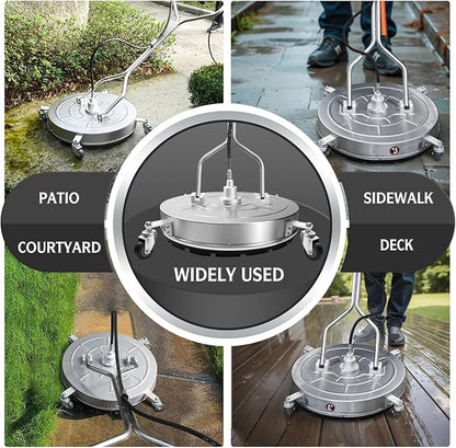 RAYNEL 24'' Pressure Washer Surface Cleaner with 4 Wheels, Dual Handle, Stainless Steel Housing, 2 Hose Adapters, 4 Replacement Nozzles