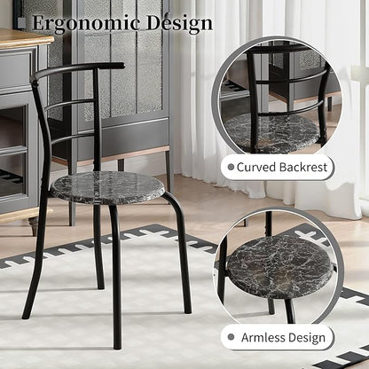 VECELO 3-Piece Dining Table Set for Kitchen Breakfast Nook, Wood Grain Oval Tabletop and Metal Frame with Built-in Wine Rack, for Small Spaces, Faux Marble & Black