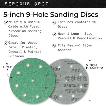 Serious Grit - 5-Inch 9-Hole 60 Grit Sanding Discs - Heavy-Duty Hook & Loop Film Discs - Sandpaper for Random Orbital Sanders - 25 Pack Box