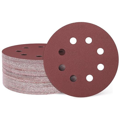 HARFINGTON 50 Pcs 5 Inch Sanding Discs, 320 Grit Hook and Loop Sandpaper, 8-Hole Aluminum Oxide Round Orbital Sander Sandpaper for Woodworking Automotive Metal Polishing, Red